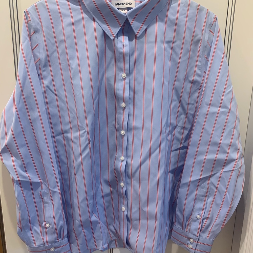 Lands' End Light Blue Shirt with Red Pinstripes